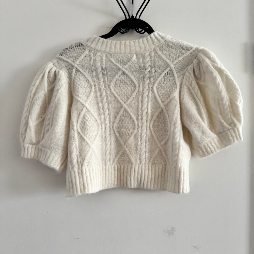 New Hill House Ollie Crop Sweater White Ribbed Hem Button Puff Sleeve Sz S - Picture 5 of 5